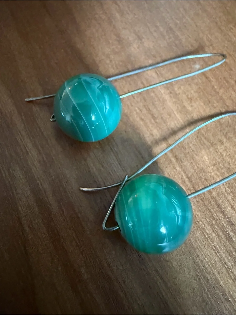 Teal Glass Bead Drop Earrings - Minimal Wire Hook - Blue Green Hue